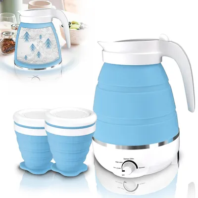 Produktbild von Faltbarer Silikon Wasserkessel, Camping Teekessel mit 2 Faltbaren Becher und Mehrfacher Einstellungen, für Wärmer Wasser Kaffee Tee