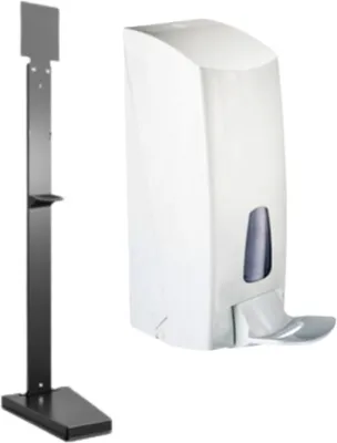 Produktbild von SET Desinfektionssäule aus pulverbeschichtetem Stahl + Desinfektionsmittelspender in Weiss mit Armhebel von Marplast Nachfüllbar, MP 855 + MP 612