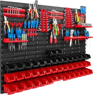 Immagine prodotto di Sistema di stoccaggio Scaffale da officina | 117 x 78 cm | 44 pezzi. Scatola | Scaffale a muro con supporti per utensili e contenitori impilabili - Pannelli a muro Scaffale extra forte Scaffale forato per utensili Scaffale da magazzino Scaffale da garage