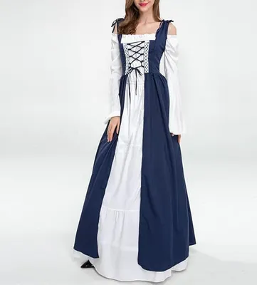 Produktbild von Damen Mittelalterliche Kleid mit Trompetenärmel Mittelalter Party Kostüm Maxikleid, blau, S