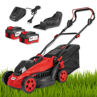 Zdjęcie produktu dla Kosiarka akumulatorowa WALTER 20 V Brushless, 2 akumulatory litowo-jonowe 4,0 Ah i szybka ładowarka, szerokość koszenia 33 cm, 5-stopniowa regulacja wysokości koszenia 25–65 mm, kosz na trawę 35 l, funkcja mulczowania, bezprzewodowa, do małych i średnich ogrodów