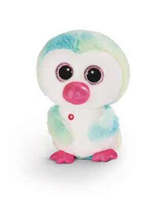 A plush toy penguin sits on a white background.