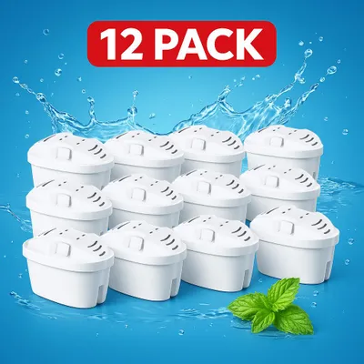 A collection of water filter cartridges arranged in a grid with water splashes and a sprig of mint.