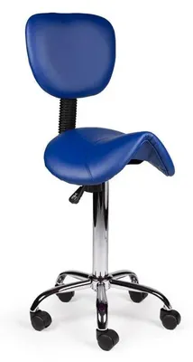 Produktbild von Ergonomischer Sattelhocker Blau mit Lehne auf Rollen - Standard (50-68cm) / ohne Fußstütze / Standardmäßige Räder