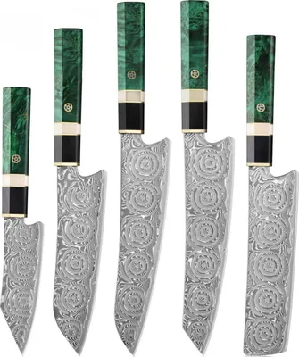 Produktbild von Set Damast Küchenmesser GR - 39189 - 5 Stück in Grün | Hochwertige Messer KP39189
