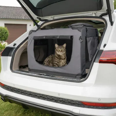 Produktbild von belviona Katzentransportbox, leichte & stabile Transporttasche Katzen, faltbar mit Mesh-Fenstern, Innenkissen & Taschen, 82x58x58 cm, grau