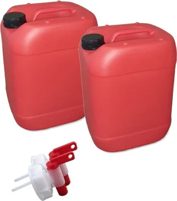 Produktbild von 2 Stück 20 Liter Kanister Camping Wasserkanister lebensmittelecht Farbe rot + 2 x Hahn (2x20 knb+2xH.)