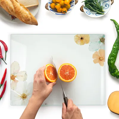 Image de Planche à découper en verre, 40 × 30 cm – Planche à découper hygiénique en verre trempé – Résistante à la chaleur, aux rayures et antidérapante – Plateau en verre pour la cuisine – Motif floral