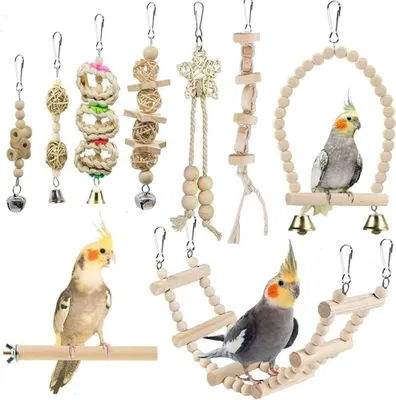 Produktbild von Vogel-Papageien-Spielzeug, 9 Stück, Vogelkäfig-Zubehör, Spielzeug, Barsch, Leiter, Kauspielzeug, Hängematte für Sittiche, Liebesvögel, Finken und andere kleine Haustiere