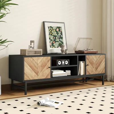 Produktbild von Okwish Moderner TV-Schrank aus dunklem Holzkontrast mit multifunktionalem Stauraum, 150 cm großer, zwei geschlossenen Schränken, horizontalen Trennwänden und einem vertikalen Fach