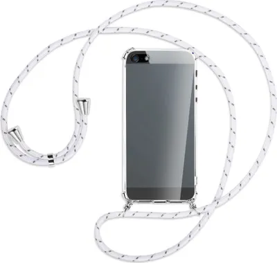 Produktbild von Handykette Backcover-Schutzhülle mit Band (Metall silberfarben) für Apple iPhone 5, 5S, SE - weiß/grau