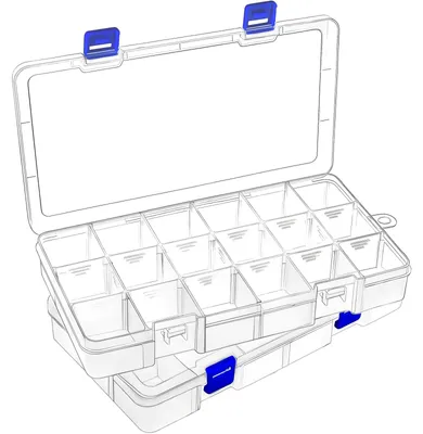Productafbeelding van 2 transparante sorteerboxen met 18 vakken voor kleine onderdelen, verstelbare vakken, sorteerbox, sieradenorganizer.