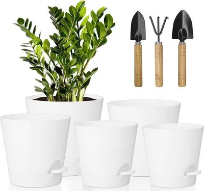 Productafbeelding van Famanu zelfwaterende bloempotten, wit, in de maten 17,8/16,5/15,2/13,9/12,7 cm