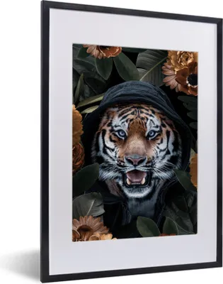 Produktbild von MuchoWow® MuchoWow® Gerahmtes Poster Tiger - Blumen - Orange 30x40 cm - Poster mit zchwarzem Bilderrahmen - Wandposter Schlafzimmer