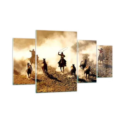 Produktbild von Bilder auf glas - Cowboys Pferde Galopp - 160x90cm - Glasbilder - Wandbilder - Kunstdruck - zum Aufhängen bereit - Wanddekoration aus Glas - Glas Bilder - Wandbild auf Glas - 4 Teile - GDL160x90-2693