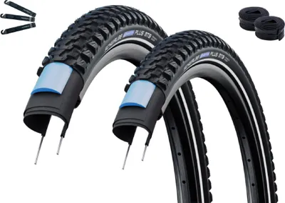 Produktbild von Schwalbe Fahrradreifen 2 x Marathon Plus MTB SmartGuard E-50 ADDIX Schwarz-Reflex 57-559 (26 x 2.10) + 2 x Schwalbe Schläuche DV13 inkl. maxxi4you Reifenheber