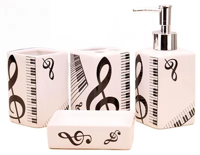 Zdjęcie produktu dla Zestaw eleganckich akcesoriów łazienkowych z motywem nut muzycznych, zawierający szczoteczkę do zębów