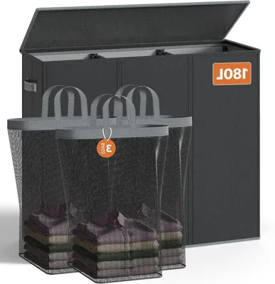 Image de Panier à linge avec couvercle - Organisateur pour buanderie - Tri de vêtements - Trois compartiments de tri - Capacité de 180 litres - Noir
