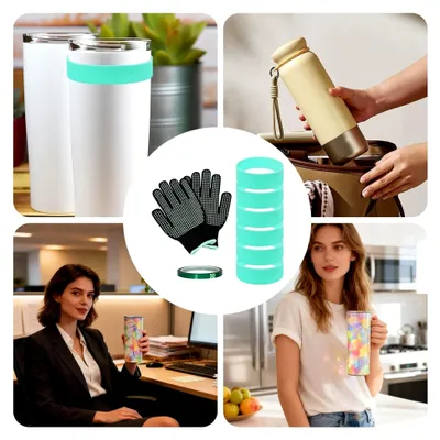 Produktbild von Wiederverwendbare Becherhülle – 7,9 cm Trinkfolie | Silikon-Trinkband – hitzebeständiger Griff für Becher, Flaschen und Tassen, umweltfreundliches Halter-Set für den Alltag und im Freien