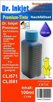 Produktbild von CR71C - cyan - Dr.Inkjet Premium Nachfülltinte 100ml für Canon Druckerpatronen für CLI571 / CLI581
