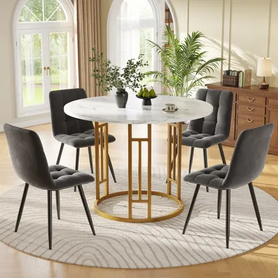 Produktbild von Flieks Essgruppe mit 4 Stühlen, runder Esstisch mit Stühle aus Samt, Sitzgruppe Küchentisch 80x80x76 cm, gold + grau