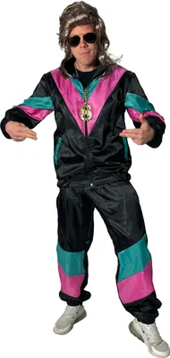 A man wearing an 80s-style tracksuit costume, including a wig and sunglasses, posing against a white background.