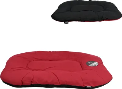 Two dog beds, one black and one red, are shown against a white background.