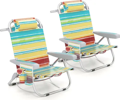 Produktbild von COSTWAY 2er Strandstühle klappbar, Campingstühle mit verstellbarer Rückenlehne Kopfstütze Seitentaschen Schultergurten Handtuchhalter Armlehnen Bunt
