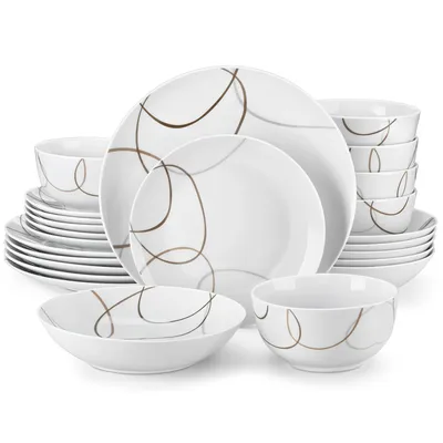 Obrázek produktu pro Porcelánový jídelní servis, 24dílná sada nádobí s miskou na těstoviny, miskou na cereálie, dezertním talířem a jídelním talířem, kombinovaný servis pro 6 osob