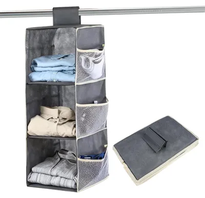 Produktbild von Hängender Aufbewahrungsschrank mit 3 Fächern, faltbarer Hängeschrank für Camping, Fächer für Kleiderständer, schmales, platzsparendes Hängeregal, Stoffhängeregal für Pullover und Kleidung, grau