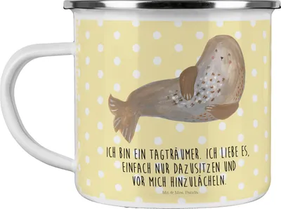 Produktbild von Mr. & Mrs. Panda Emaille Tasse Robbe Lachen - Gelb Pastell - Geschenk, Teebecher, Meerestier, Haferl, Teetasse, Lustige Sprüche, Nordsee, Seehund, becher, Pott, Strand