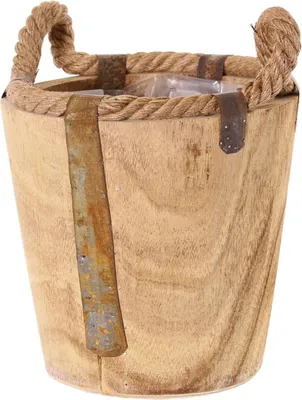 Produktbild von artplants.de Holz Übertopf DABIH mit Griffen aus Seil, braun, 19cm, Ø20cm - Deko Topf