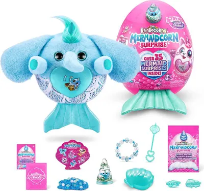 A collection of Rainbocorns Mermaidcorn Surprise toys and accessories are displayed against a white background.