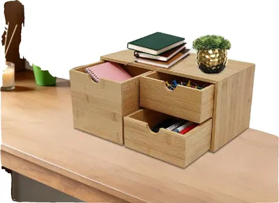 Obrázek produktu pro Organizér na stůl, bambusový materiál, 3 zásuvky, rozměry 33*19*16 cm, barva dřeva, volně stojící