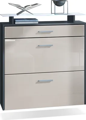 Produktbild von Vladon Schuhschrank Malea, Anthrazit matt/Sandgrau Hochglanz inkl. LED - hängender Schuhkipper für 16 Paar Schuhe (89 x 96 x 23 cm)