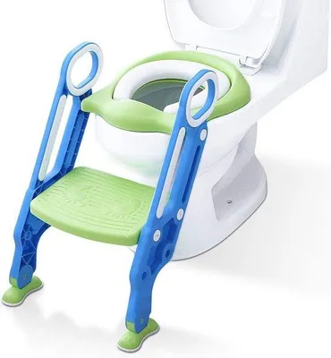 Imagen del producto de Unyqoos®: Entrenador para el baño con escalón – Asiento infantil ajustable en altura, plegable, antideslizante, con pedales de PP (capacidad de carga 75 kg), para niños de 1 a 7 años, color azul/verde