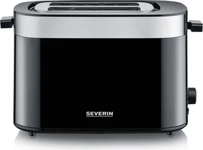 A black and silver Severin toaster is displayed against a white background.