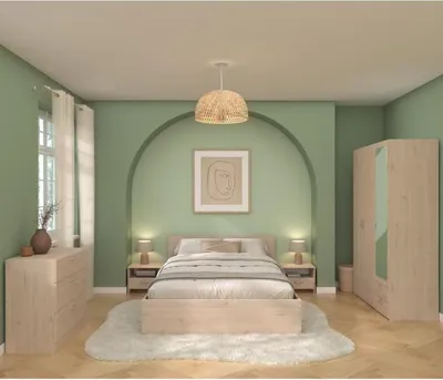 Image de Chambre Complète Adulte VARIA, Lit 140x190/200 cm, 2 Chevets, Commode, Armoire avec Miroir,Reproduction Chêne, PARISOT