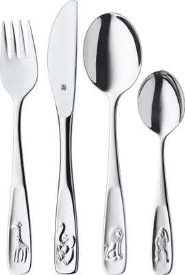 A set of four stainless steel children's cutlery pieces, each decorated with an animal motif on the handle.