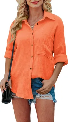 Image de ASKSA Chemisier Femme Boutons Manches Longues Chemises Oversize Tunique Revers Chemise Manches Longues Haut, Orange, XL