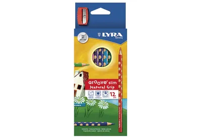 A box of LYRA Groove Slim colored pencils with a sharpener on top.