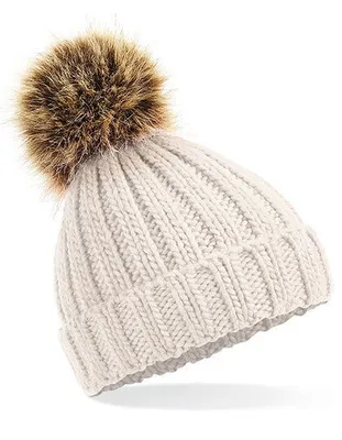 Produktbild von Beechfield Infant Faux Fur Pom Pom Chunky Beanie(Oatmeal)
