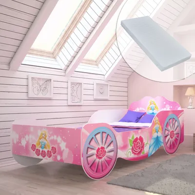 A child's bedroom with a princess-themed bed.