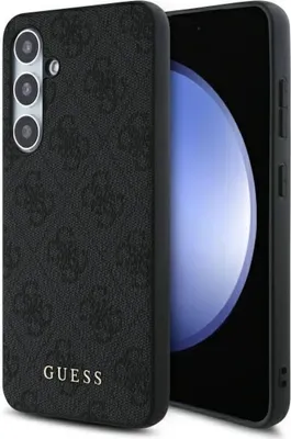 A black smartphone case with a textured pattern and the Guess logo is shown next to a smartphone.