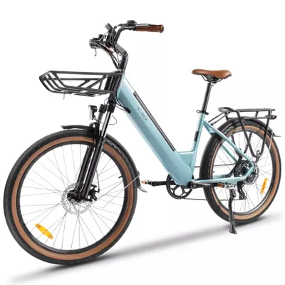 A light blue electric bicycle with a front basket and rear rack, shown against a white background.