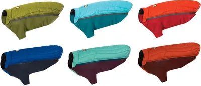 Six dog jackets in different colors are displayed against a white background.