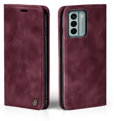 A burgundy flip case for a smartphone is shown from two angles.