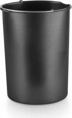 A black cylindrical bucket with a silver rim and handle attachment points.