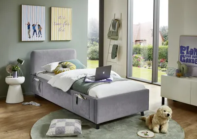 Produktbild von Meise Möbel Jugendbett Cosy 90x200 cm | Bettgestell | USB | 4 Betttaschen | Strukturstoff Grau | Holzfuß schwarz