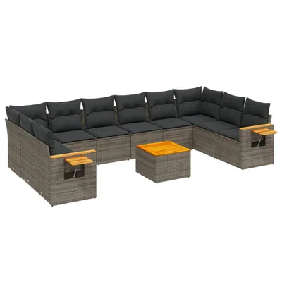 Produktbild von 11-tlg. Garten-Lounge-Set, modular, UV-beständig, aus Poly Rattan & Akazienholz, mit abnehmbaren Kissenbezügen, Grau